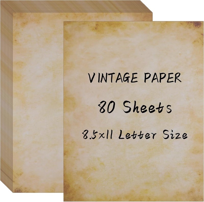 Hoiny 80 Sheets Vintage Paper, 8.5" x 11" Letter Size Printer Paper, Antique Stationery for Writing, Double-sided Aged Parchment Paper for Printing, Decorative Old Look for Invites Resume - Image 1